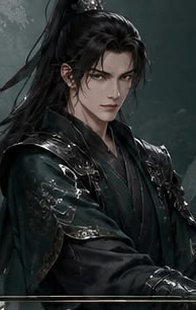 Feng Jianyu, a guandao master in dark green robes and lacquered armour, his blade resting at his shoulder