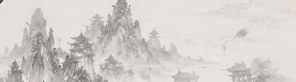 An ink-wash landscape of mist-wrapped peaks and distant sect pavilions